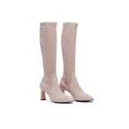 Scarlett Chase knee-high stretch rosa suede Lola 75 boot with a block heel | Pair staggered 3/4 view facing right on white background