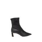 Scarlett Chase ankle stretch onyx vegan leather Maya 55 bootie with a block heel | Profile on white background 