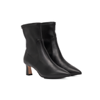 Scarlett Chase ankle stretch onyx vegan leather Maya 55 bootie with a block heel | 3/4 staggered view facing right on white background