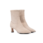 Scarlett Chase ankle stretch champagne suede Maya 55 bootie with a block heel | 3/4 view staggered on white background