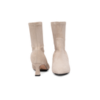 Scarlett Chase ankle stretch champagne suede Maya 55 bootie with a block heel | Front and back view on white background