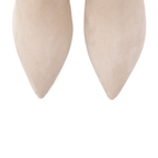 Scarlett Chase ankle stretch champagne suede portia 75 bootie with a block heel | detail of toe on white background