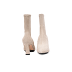 Scarlett Chase ankle stretch champagne suede Portia 75 bootie with a block heel | Front and back view on white background