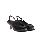 Scarlett Chase noir napa leather Reese 55 Slingback with a sculpted heel, an adjustable backstrap buckle, and a black embossed croc toe accessory | 3/4 view facing right on white backgrouhd