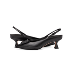 Scarlett Chase noir napa leather Reese 55 Slingback with a sculpted heel, an adjustable backstrap buckle, and a black embossed croc toe accessory | 2 shoes facing opposite directions on a white background