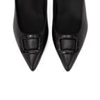 Scarlett Chase Row 75 Slingback Black Napa Leather with a sculpted heel and black croc Napa rectangular accessory | Overhead 3/4 view on white background