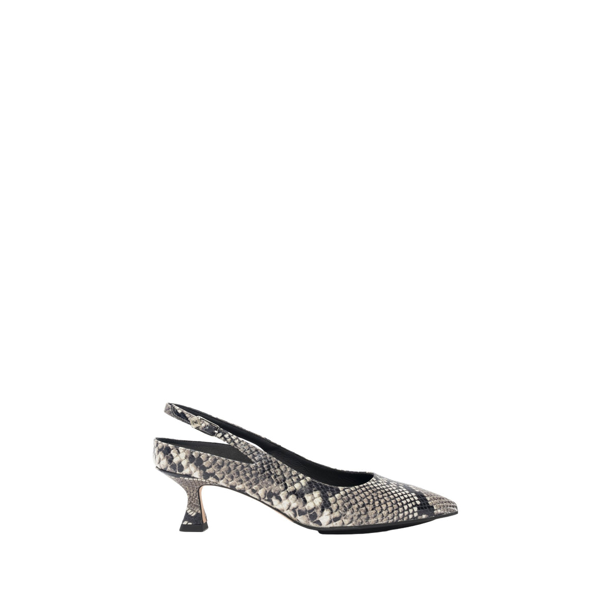Scarlett Chase embossed leather gray python Renee 55 Slingback with a stable, sculpted heel and an adjustable backstrap buckle | profile facing right on white background