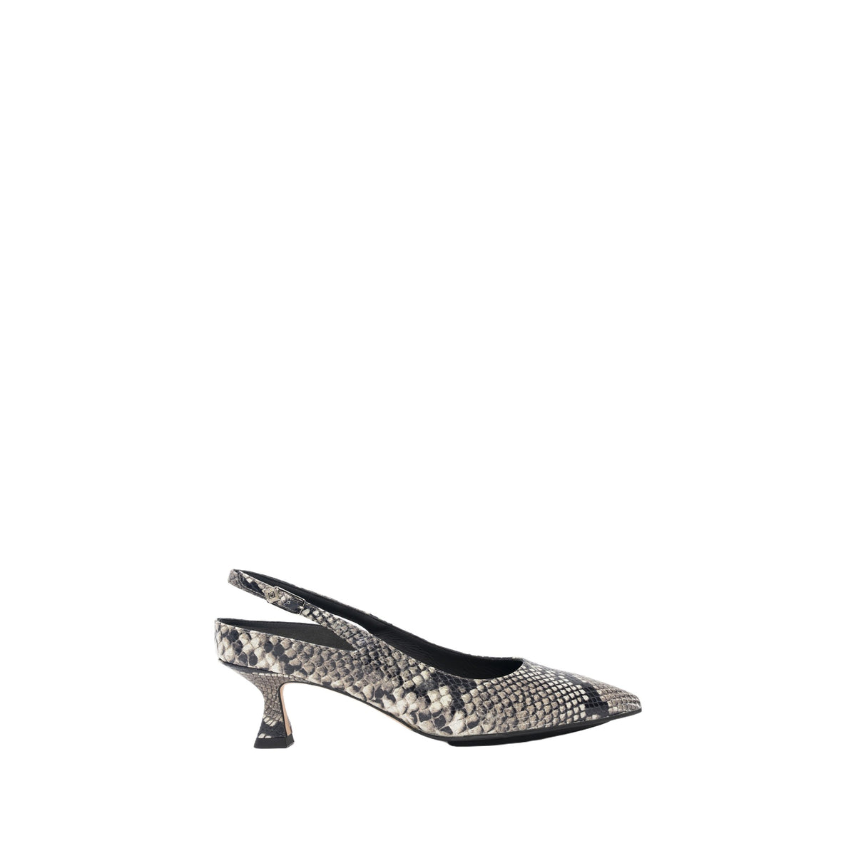 Scarlett Chase embossed leather gray python Renee 55 Slingback with a stable, sculpted heel and an adjustable backstrap buckle | profile of left shoe facing right on white background