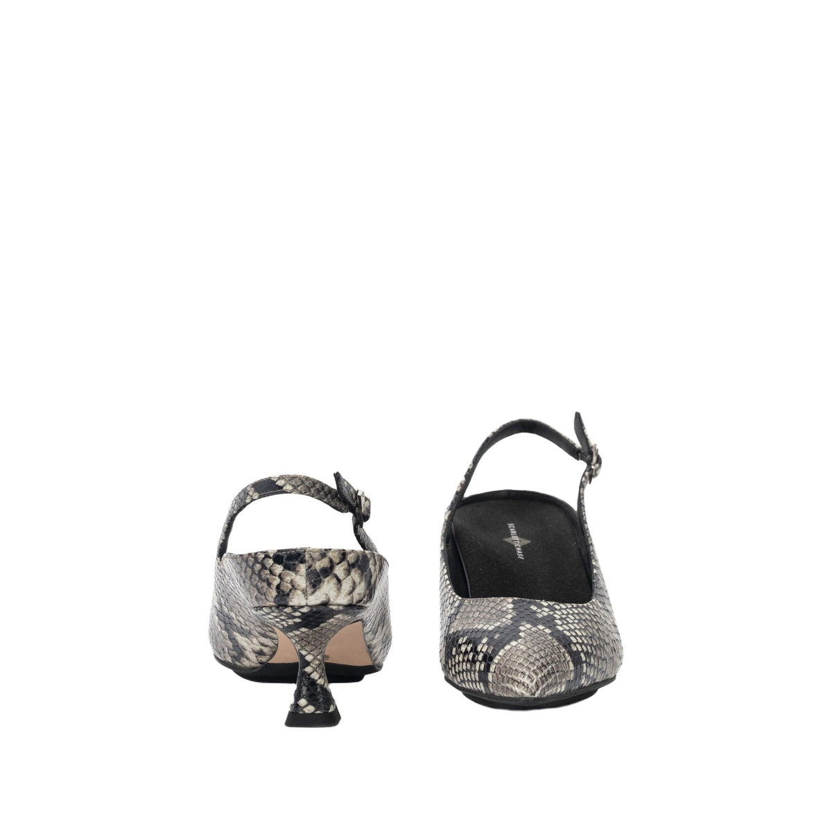 Scarlett Chase embossed leather gray python Renee 55 Slingback with a stable, sculpted heel and an adjustable backstrap buckle | Heel to toe detail on white background