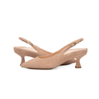 Scarlett Chase nude suede Reese 55 Slingback with a sculpted heel, an adjustable backstrap buckle, and a toe accessory | side view facing different directions on white background