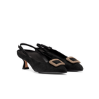 Scarlett Chase noir suede Reese 55 Slingback with a sculpted heel, an adjustable backstrap buckle, and a taupe toe accessory | 3/4 pair facing right on white background