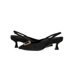 Scarlett Chase noir suede Reese 55 Slingback with a sculpted heel, an adjustable backstrap buckle, and a taupe toe accessory | Profile pair facing opposite directions on white background