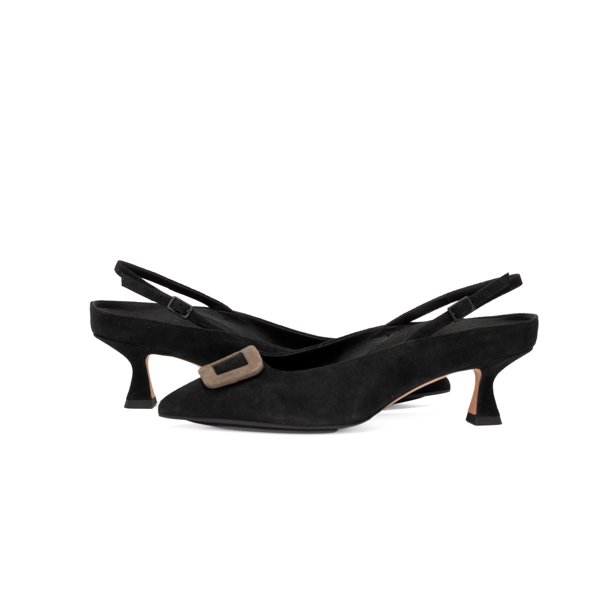 Scarlett Chase noir suede Reese 55 Slingback with a sculpted heel, an adjustable backstrap buckle, and a taupe toe accessory | Profile pair facing opposite directions on white background