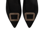 Scarlett Chase noir suede Reese 55 Slingback with a sculpted heel, an adjustable backstrap buckle, and a taupe toe accessory | Toe detail on white background