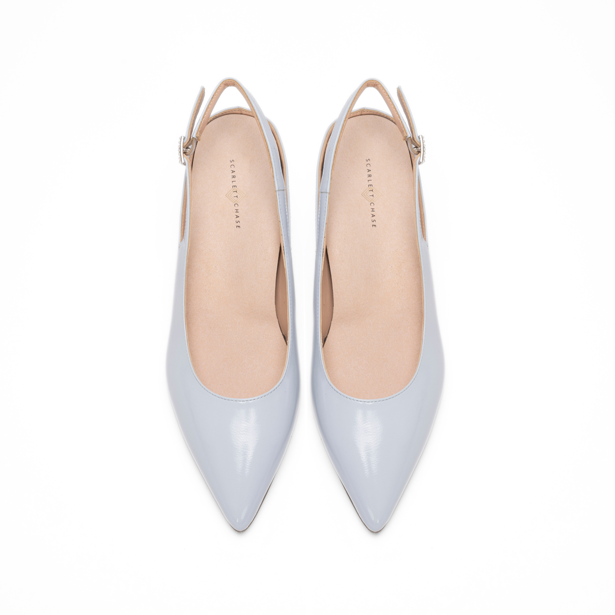 Scarlett Chase White Roma 55 Slingback with a stable, sculpted heel and an adjustable backstrap buckle | Overhead view on white background