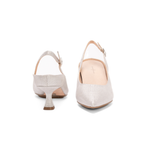 Scarlett Chase Silver Metallic Roma 55 Slingback with a stable, sculpted heel and an adjustable backstrap buckle | Front and Back view on white background