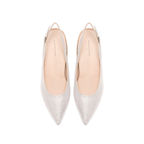 Scarlett Chase Silver metallic Roma 55 Slingback with a stable, sculpted heel and an adjustable backstrap buckle | Overhead view on white background