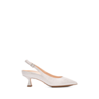 Scarlett Chase Silver metallic Roma 55 Slingback with a stable, sculpted heel and an adjustable backstrap buckle | Profile on white background