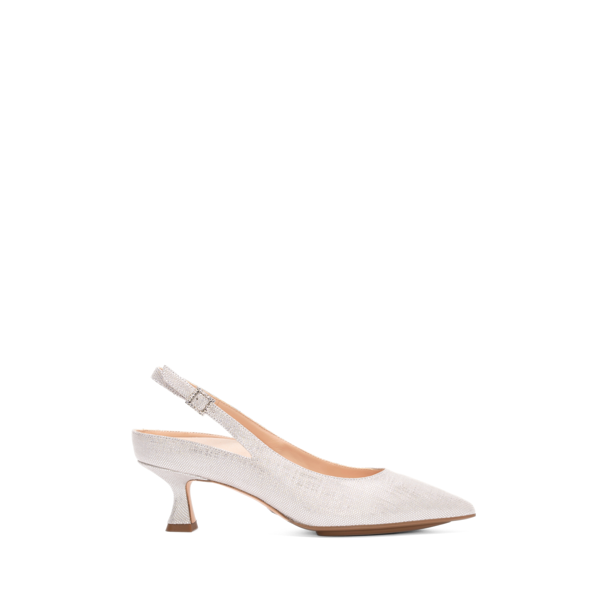 Scarlett Chase Silver metallic Roma 55 Slingback with a stable, sculpted heel and an adjustable backstrap buckle | Profile on white background