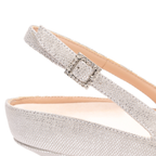 Scarlett Chase Silver metallic Roma 55 Slingback with a stable, sculpted heel and an adjustable backstrap buckle | Detail shot on white background