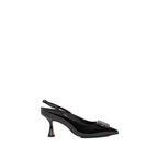 Scarlett Chase Row 75 Slingback Black Patent Leather with a sculpted heel and resin tortoise rectangular accessory | Profile on white background