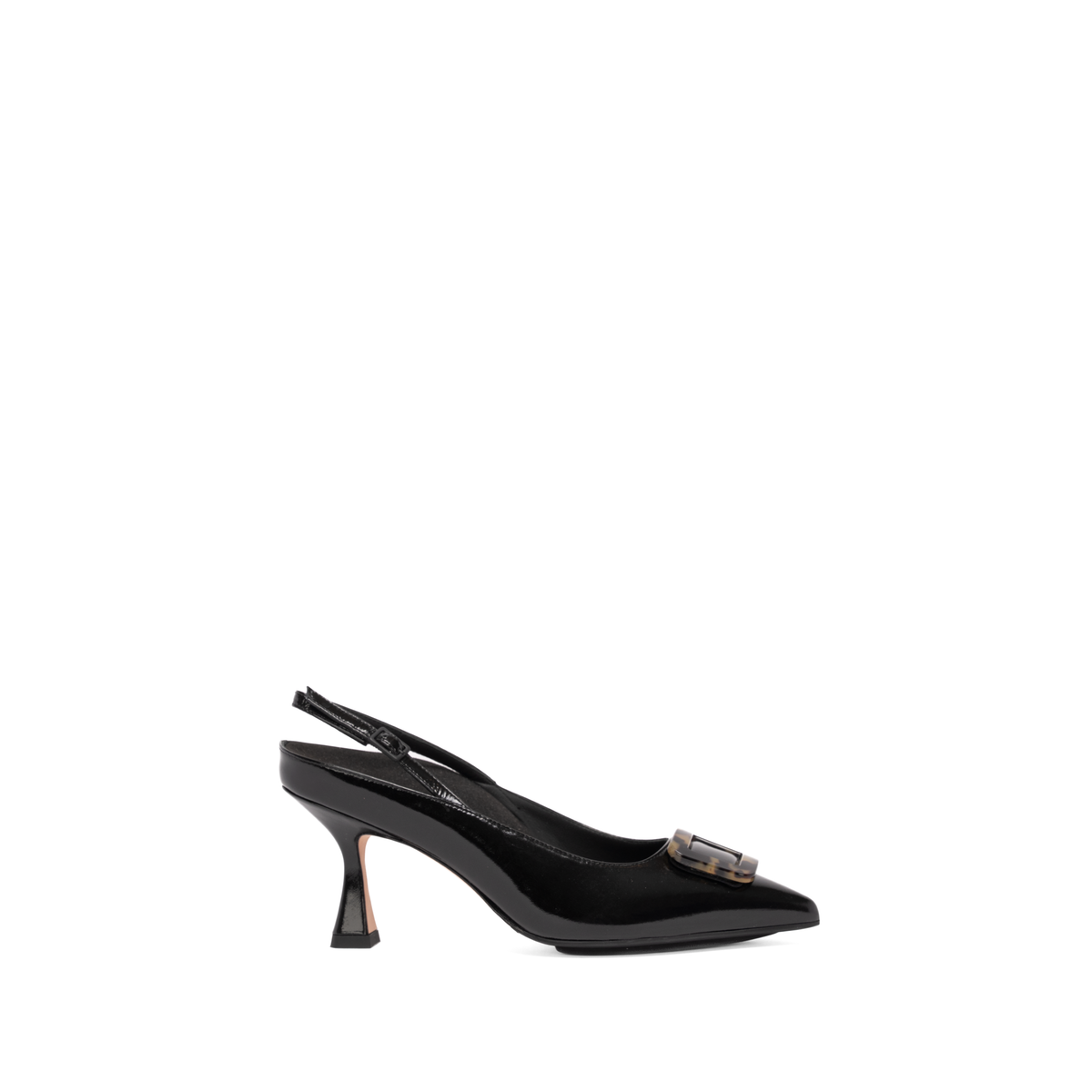 Scarlett Chase Row 75 Slingback Black Patent Leather with a sculpted heel and resin tortoise rectangular accessory | Profile on white background