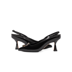 Scarlett Chase Row 75 Slingback Black Patent Leather with a sculpted heel and resin tortoise rectangular accessory | Side view of a pair facing opposite directions on white background
