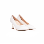 Scarlett Chase Sarah 75 Bridal Pump in white satin with a rounded upper and sculpted heel | Profile on white background