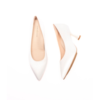 Scarlett Chase Sarah 75 Bridal Pump in white satin with a rounded upper and sculpted heel | Overhead view on white background