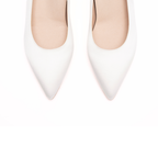 Scarlett Chase Sarah 75 Bridal Pump in white satin with a rounded upper and sculpted heel | Overhead 3/4 view on white background