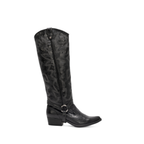 Scarlett Chase black leather Fiona cowboy bootie with decorative stitching and a side zipper and interchangeable knee-high gaiter with decorative stitching and clip-on straps| Profile view of bootie with gaiter attached on white background