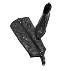 Scarlett Chase black leather Fiona cowboy bootie with decorative stitching and a side zipper and interchangeable knee-high gaiter with decorative sticking and clip-on straps| Top down view of bootie resting on knee-high gaiter on white background