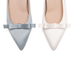 Scarlett Chase blue and white Marais clip-on satin bow shoe accessory | Side by side accessories attached to shoe on white background