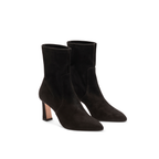 Scarlett Chase ankle stretch black suede Portia 75 bootie with a block heel | 3/4 view staggered on white background