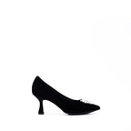 Scarlett Chase Seine 75 Pump in Black Velvet with SC toe broach accessory | Profile on white background