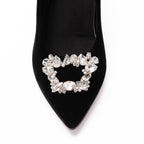 Scarlett Chase Seine 75 Pump in Black Velvet with SC toe broach accessory | Overhead 3/4 view on white background