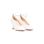 Scarlett Chase Serena 75 Bridal Pump in white satin with a pearl rhinestone removable and adjustable ankle strap | profile on white background 
