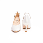 Scarlett Chase Serena 75 Bridal Pump in white satin with a pearl rhinestone removable and adjustable ankle strap | Front and Back view on white background