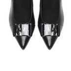 Scarlett Chase Black Napa leather Sofia 75 Pump with a black and grey resin accessory | Overhead 3/4 view on white background