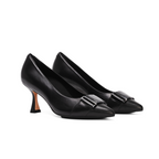 Scarlett Chase Black Napa leather Sofia 75 Pump with a black and grey resin accessory | Profile on white background
