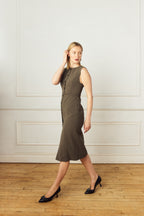 Scarlett Chase Black Napa leather Sofia 75 Pump with a black and grey resin accessory | Lifestyle photo