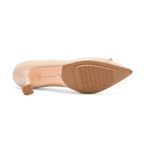 Scarlett Chase Nude Patent Napa leather Sofia 75 Pump with a Nude Patent resin accessory | Outsole on white background