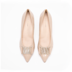 Scarlett Chase Nude patent napa leather Sofia 75 Pump with a Nude patent resin accessory | Overhead view on white background