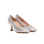 Scarlett Chase Soiree 75 Pump Silver Metallic with a V-cut upper and sculpted heel | 3/4 view on white background