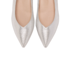 Scarlett Chase Soiree 75 Pump Silver Metallic with a V-cut upper and sculpted heel | Overhead view on white background