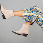 Scarlett Chase Beige ankle Frida Cowboy Boot with gore stretch | On feet on grey background