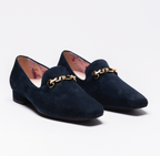 Scarlett Chase navy suede Chase loafer with champagne SC accessory and floral lining | 3/4 view facing to the right on white background