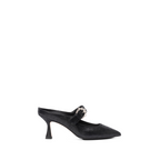 Scarlett Chase black metallic Vivian 75 Backless Pump with a curved heel and crystal rhinestone buckle | Profile on white background