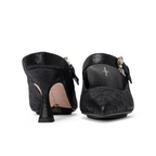 Scarlett Chase black metallic Vivian 75 Backless Pump with a curved heel and crystal rhinestone buckle | Front and back view on white background