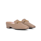 Scarlett Chase Weston Mule in Taupe Napa with floral lining and an SC gold accessory | Profile on white background